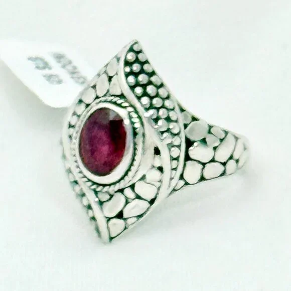 Bali Sterling Silver and Ruby Pebble Textured Statement Ring Size 8 - NWT - Picture 3 of 8